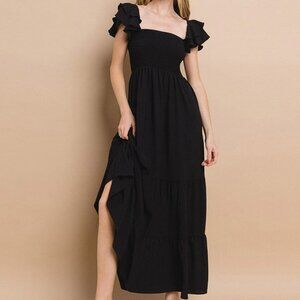 Ruffle Sleeve Empire Smock Bodice Maxi Dress in Black